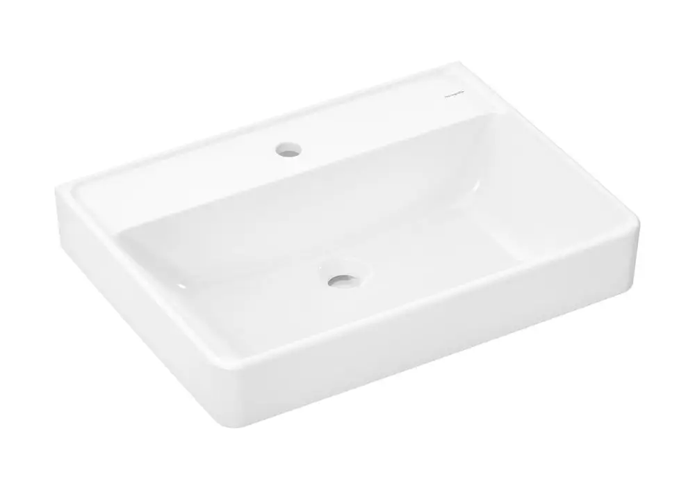 Rechteckiger Waschbecken aus weißem Material, ausgestattet mit einem Hahnloch. Hergestellt von Hansgrohe für den Einsatz im Badezimmer.